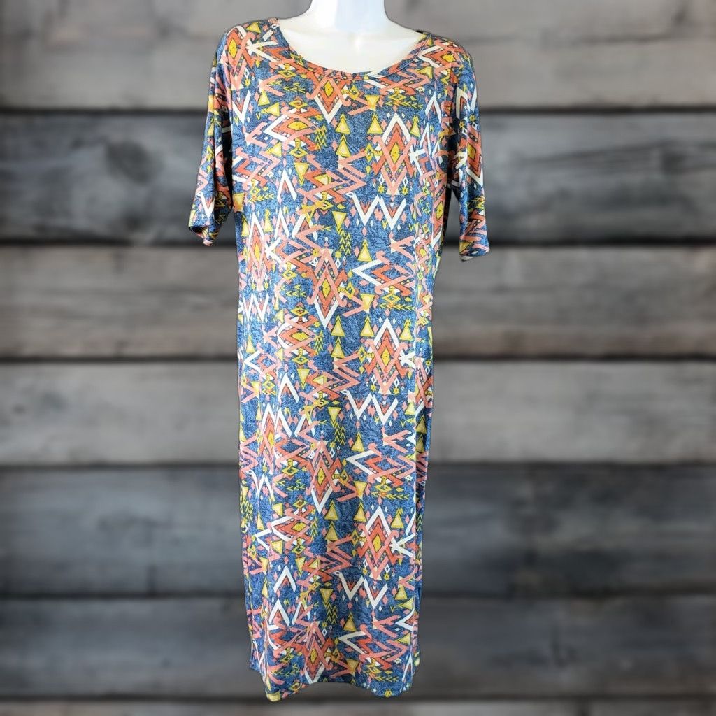 Vintage LuLaRoe Julia Dress L Pink Geometric Knee Length Half Sleeve Round Neck Pullover Polyester Blend Size L / US 10 / IT 46 - 1 Thumbnail