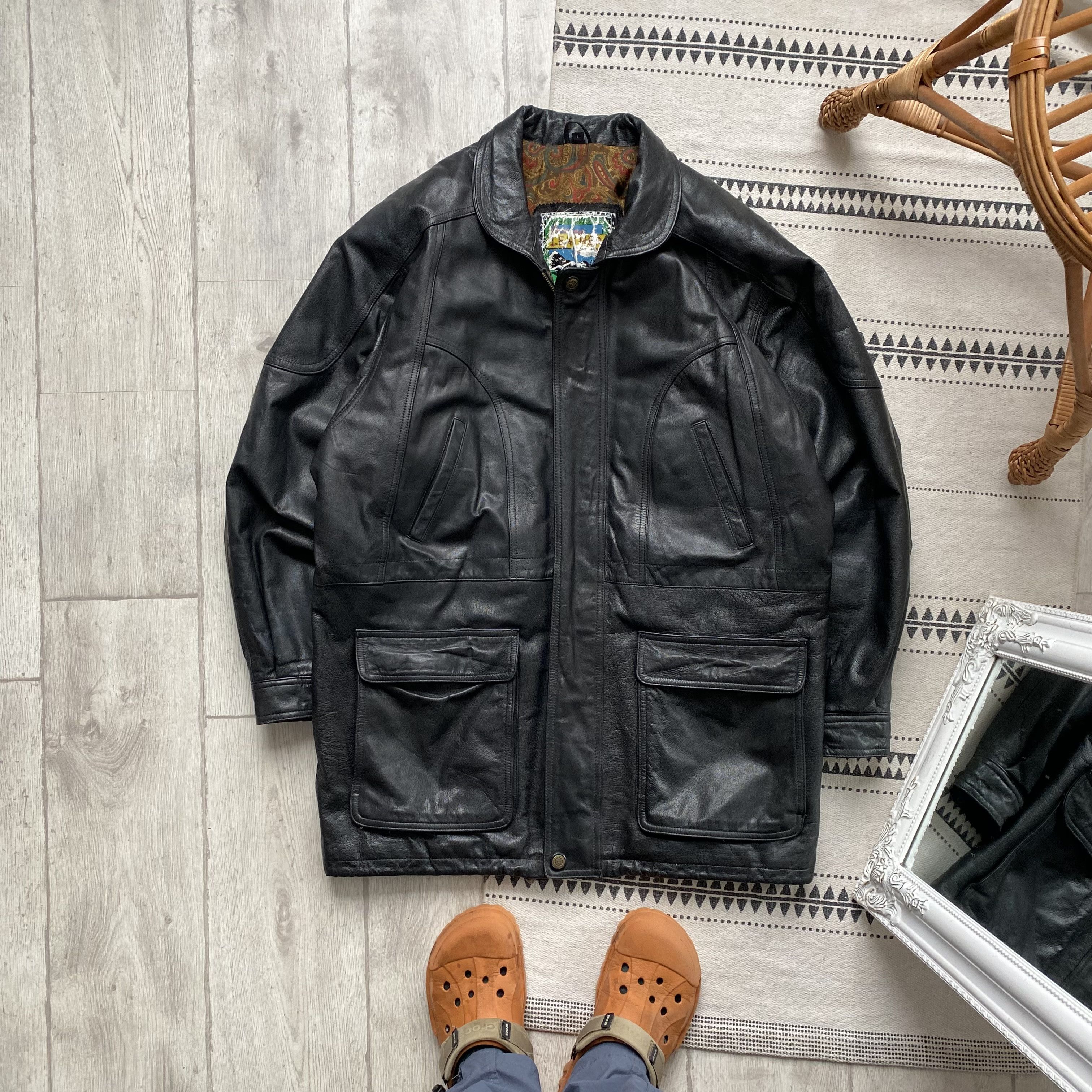 image of 90's Genuine Leather Jacket Parka Trench Coat in Black, Men's (Size Large)