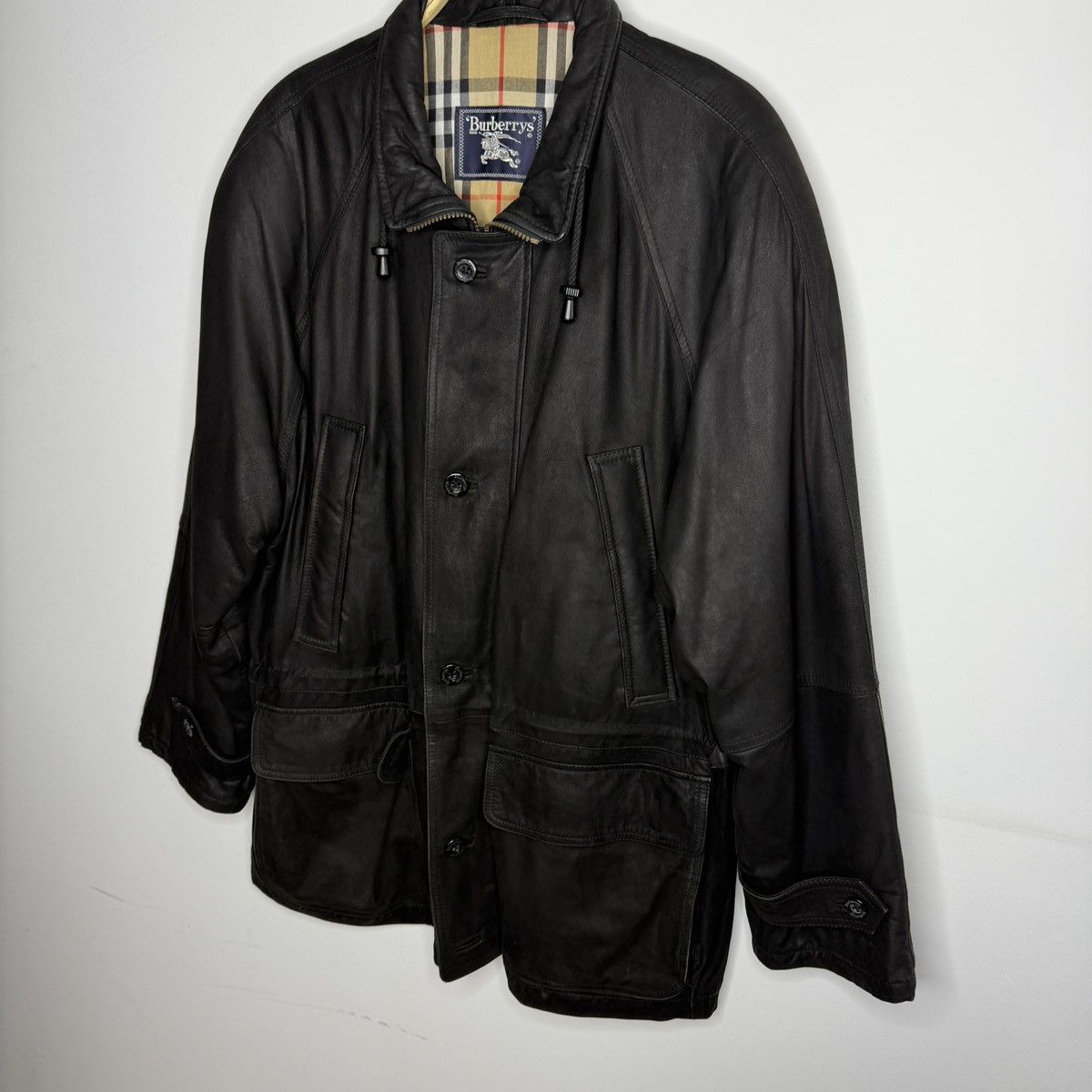Burberry Burberrys Leather Jacket Coat Black Classic Nova Check Size US L / EU 52-54 / 3 - 3 Thumbnail