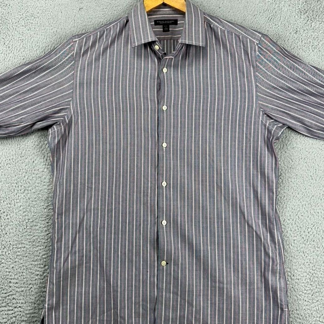 Banana Republic VINTAGE Banana Republic Shirt Men 16-16.5 Large Gray Red Slim Fit Dress Stripe Button Up Size 46R - 3 Thumbnail
