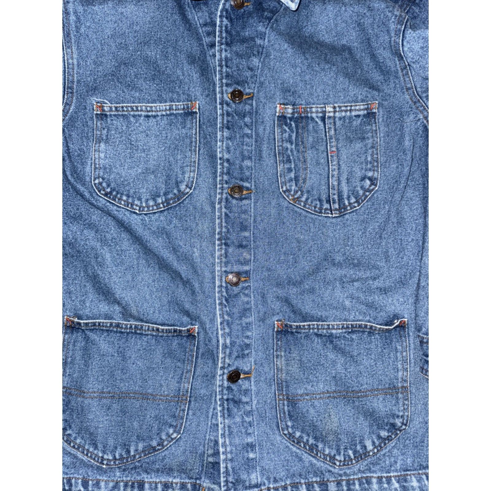 Vintage VINTAGE Classic Jeans Denim Chore Jacket Blue Workwear Utility Coat 21x28 Large Mens Regular L Cotton 100% Button Jeans Size US 33 - 2 Thumbnail