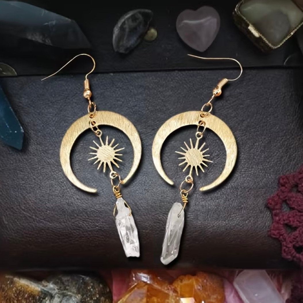 Anthropologie ANTHROPOLOGIE Gold Sun Moon Star Boho Gemstone Hoop Earrings Size ONE SIZE - 9 Thumbnail