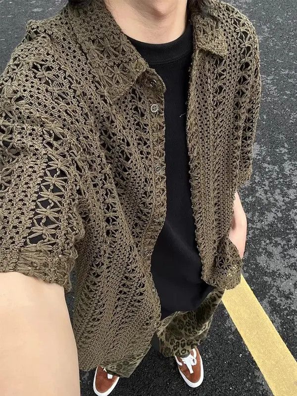 VIBE Retro fashion hollow out crochet button up shirt Size US L / EU 52-54 / 3 - 6 Thumbnail
