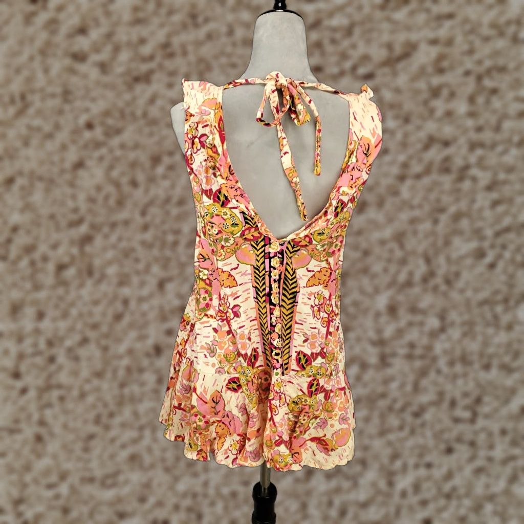 Free People Free People Blouse Tunic Womens Small S Linen Multicolor Boho Ruffle Open Back Round Neck Sleeveless Vest/Shirt Style Casual Travel Business Mens? Size S / US 4 / IT 40 - 1 Thumbnail
