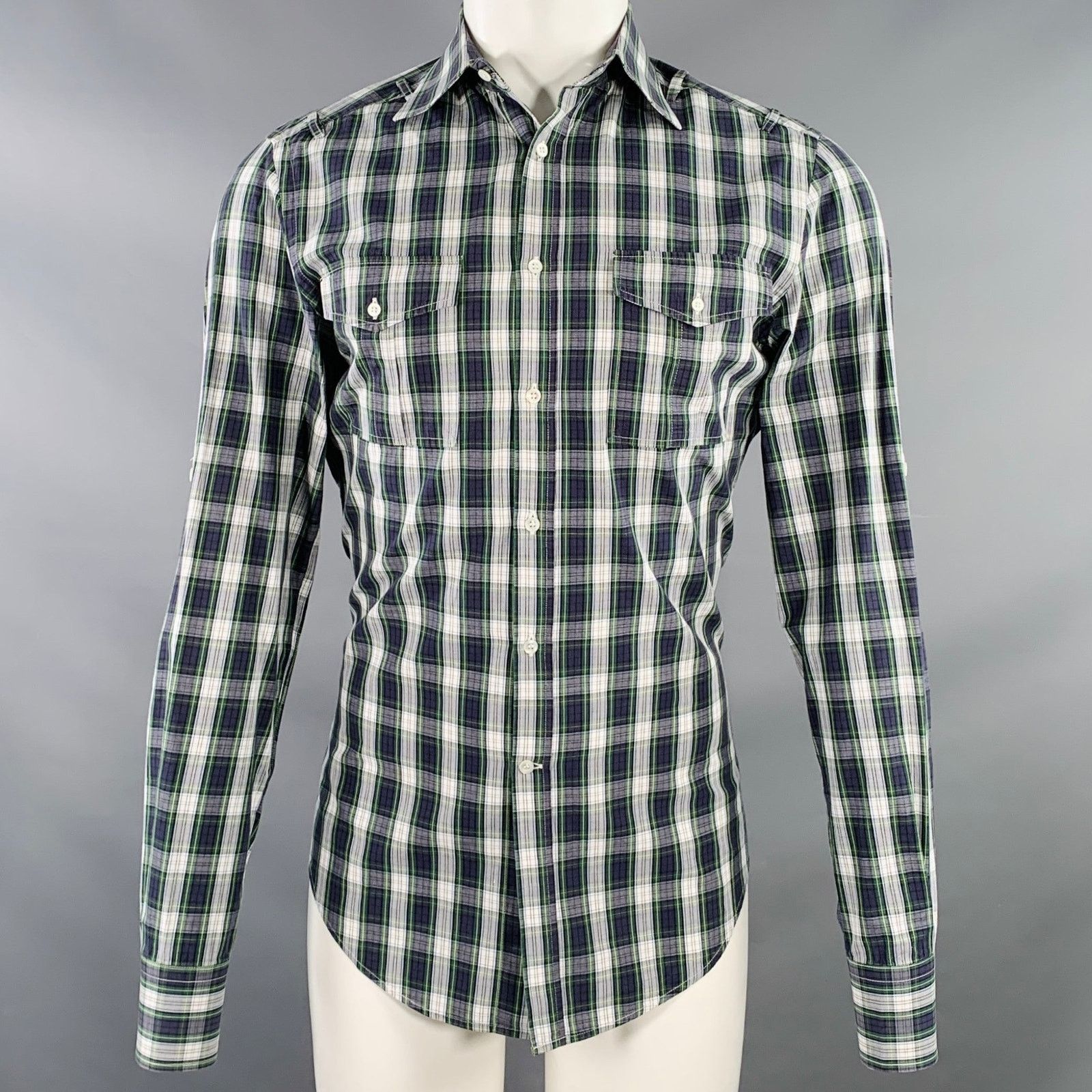 Michael Bastian Navy White Green Plaid Cotton Roll Tab Long Sleeve Shirt Size US S / EU 44-46 / 1 - 1 Thumbnail