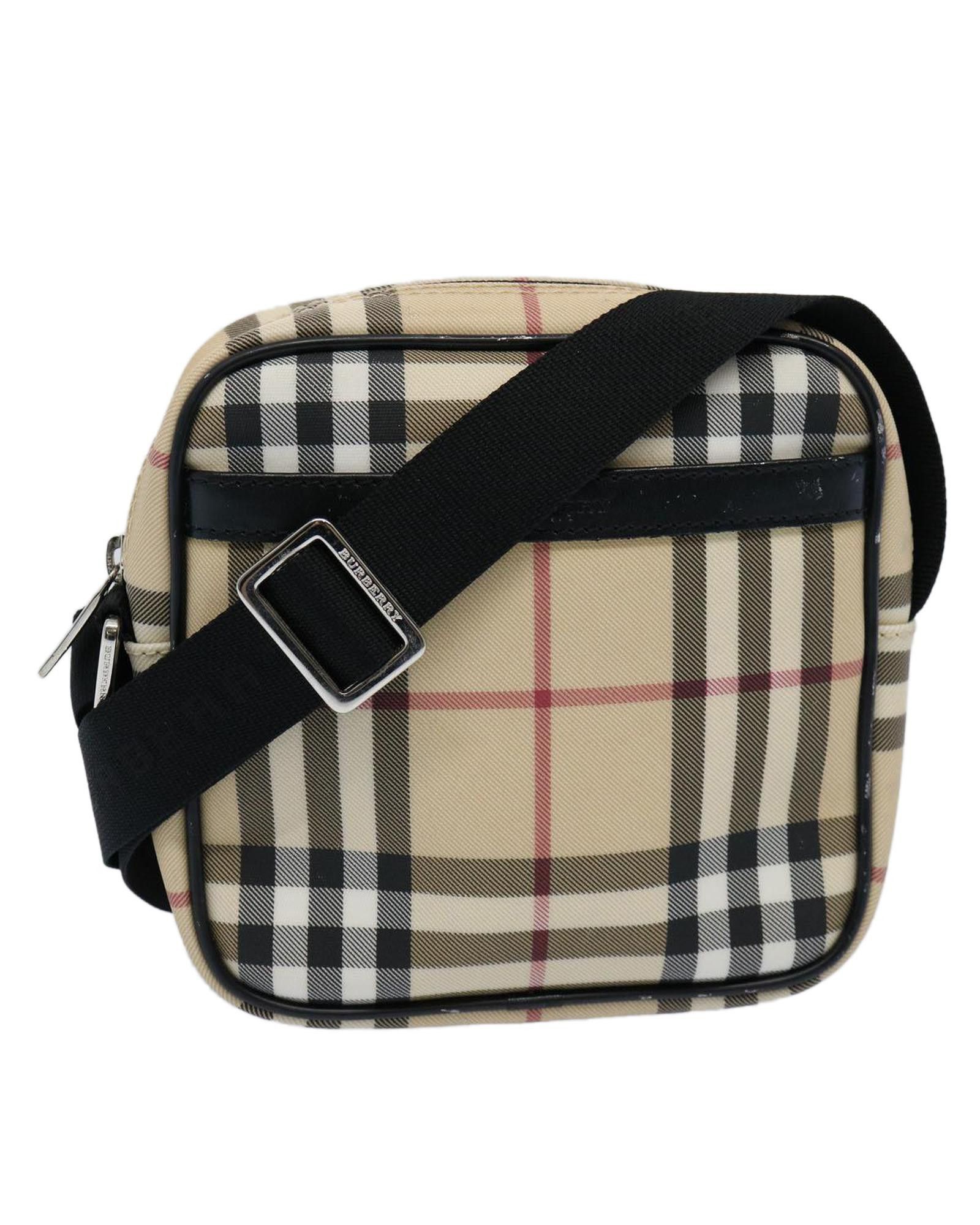 image of Burberry Checkered Leather Shoulder Bag in Beige, Women's