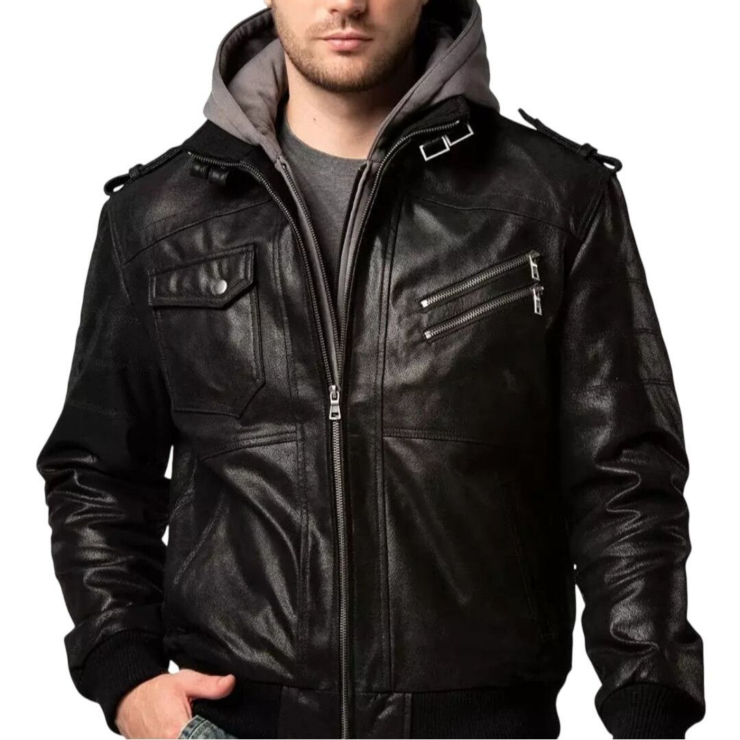 Other Flavor Mens Layered Pig Leather Hoodie Biker Moto Jacket M Size US M / EU 48-50 / 2 - 2 Thumbnail