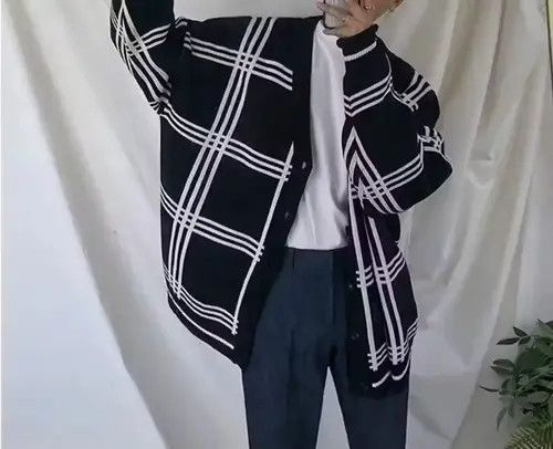 image of Black Cardigan Knit Sweater Graphic Detail Pattern, Men's (Size XL)