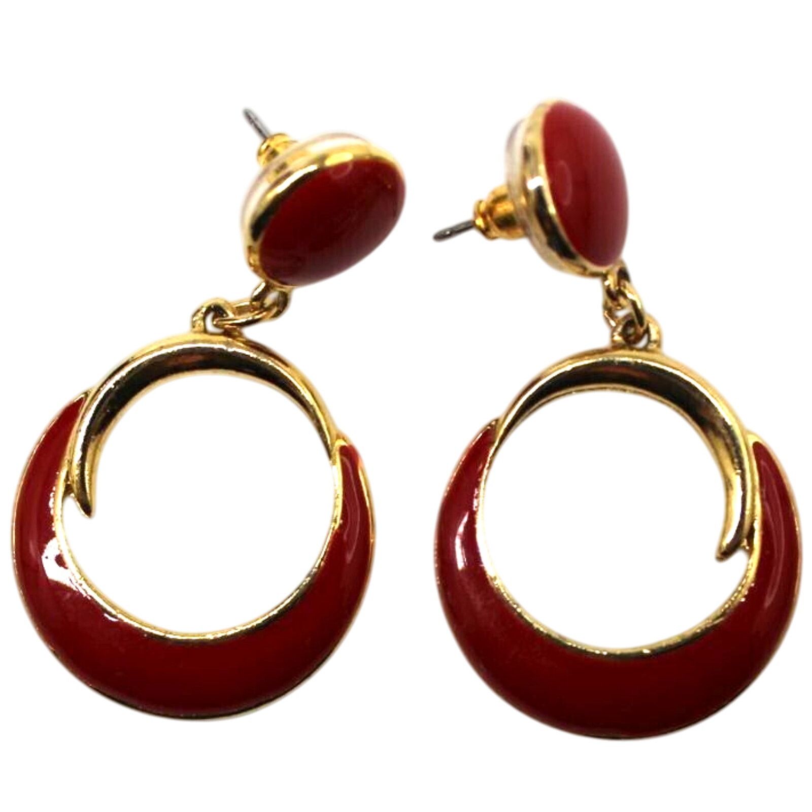 Other Red Enamel Circle Earrings • Drop Dangle •Goldtone •Moveable Size ONE SIZE - 1 Thumbnail