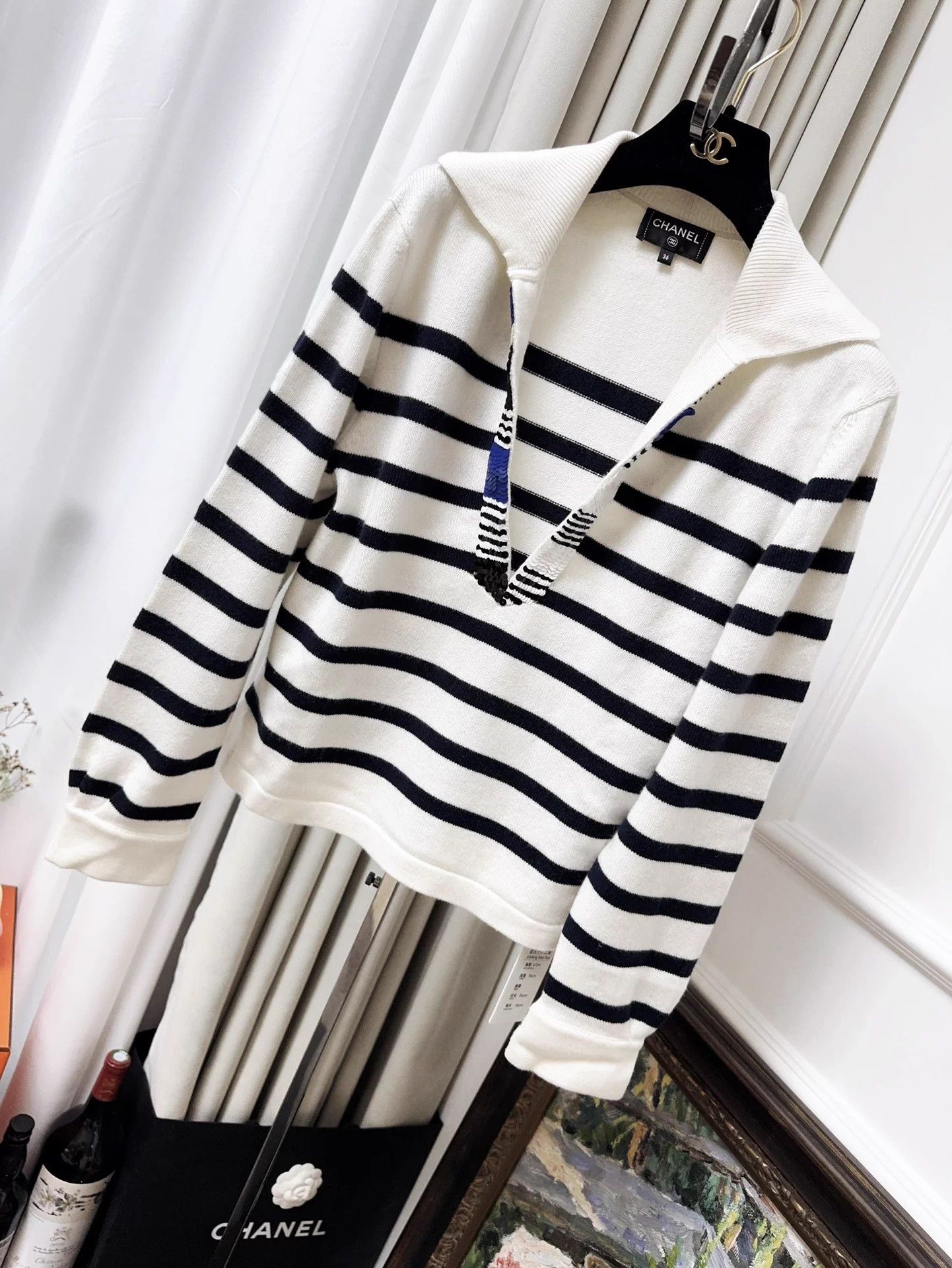 Chanel 24S Navy-Stripe Sequin Embroidered Cashmere Sweater