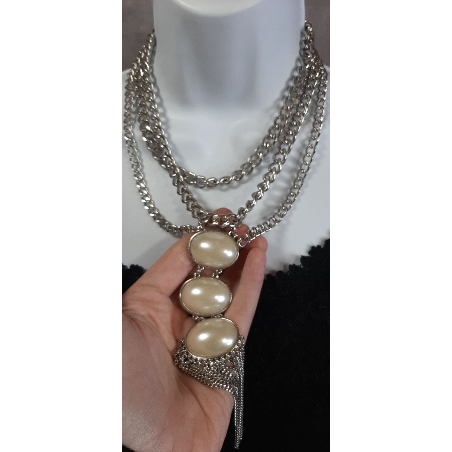 Other Elegant Layered Silver Statement Necklace With Faux Pearl Ca Size ONE SIZE - 3 Thumbnail