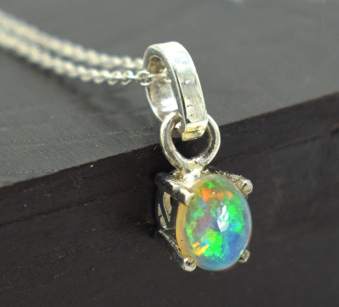Handmade Natural Ethiopian Opal Necklace 925 Silver Oval Stone 6x8 mm Size ONE SIZE - 1 Thumbnail