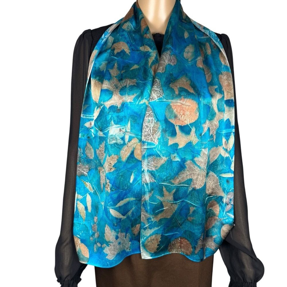 Other New 100% Silk Hand Dyed Leaves Ecoprint Rectangle Scarf 11' Size ONE SIZE - 1 Thumbnail