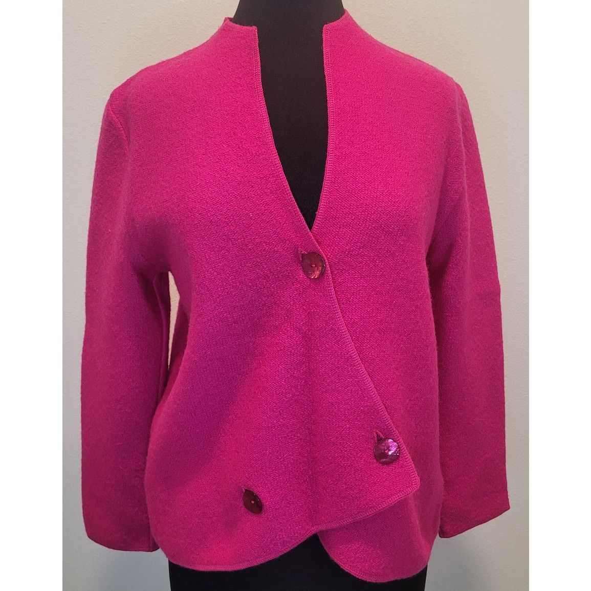 VTG 80s Avant Garde Fuchsia Wool Asymmetrical Cardigan M
