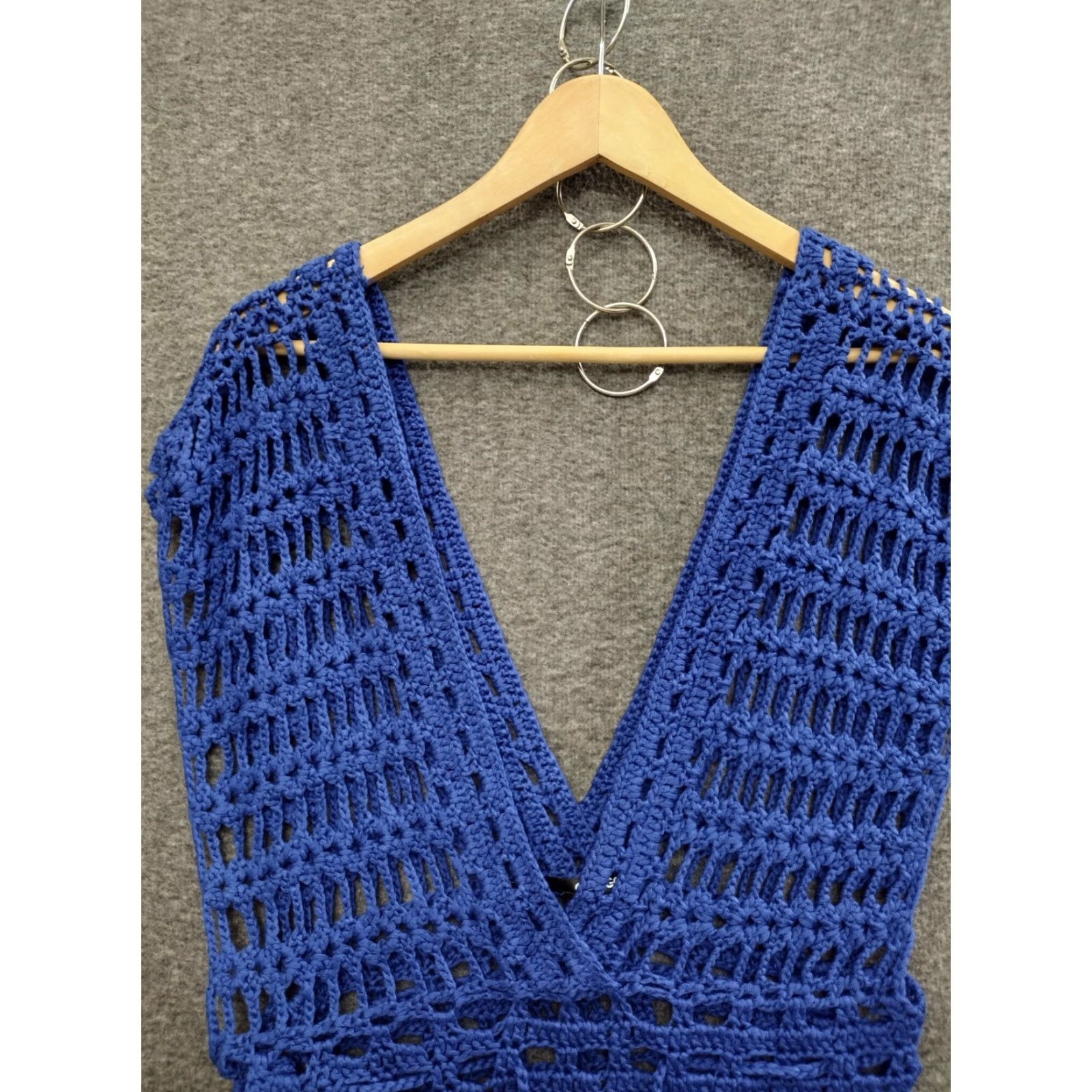 Vintage Codigo Crochet Knitted Blue V-Neck Beach Mini Dress S Shirt Women Blue 90s Bohemian Clubwear Fashion Size S / US 4 / IT 40 - 3 Thumbnail