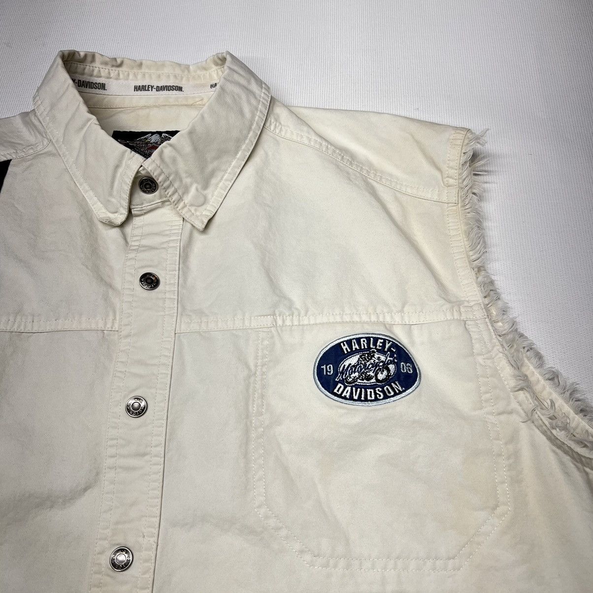 Harley Davidson × Vintage Harley Davidson Button Up Shirt White Cut Off Vest Stripe Size US XXL / EU 58 / 5 - 3 Thumbnail
