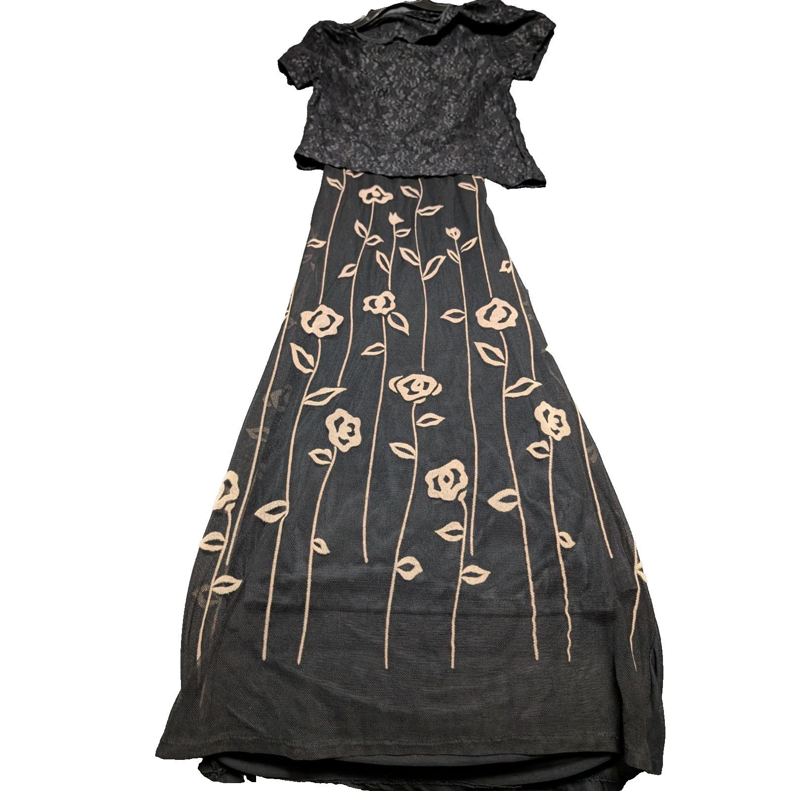 The Unbranded Brand Vintage Durian Black Beige Floral Maxi Dress Lined SM 80's Size S / US 4 / IT 40 - 1 Thumbnail
