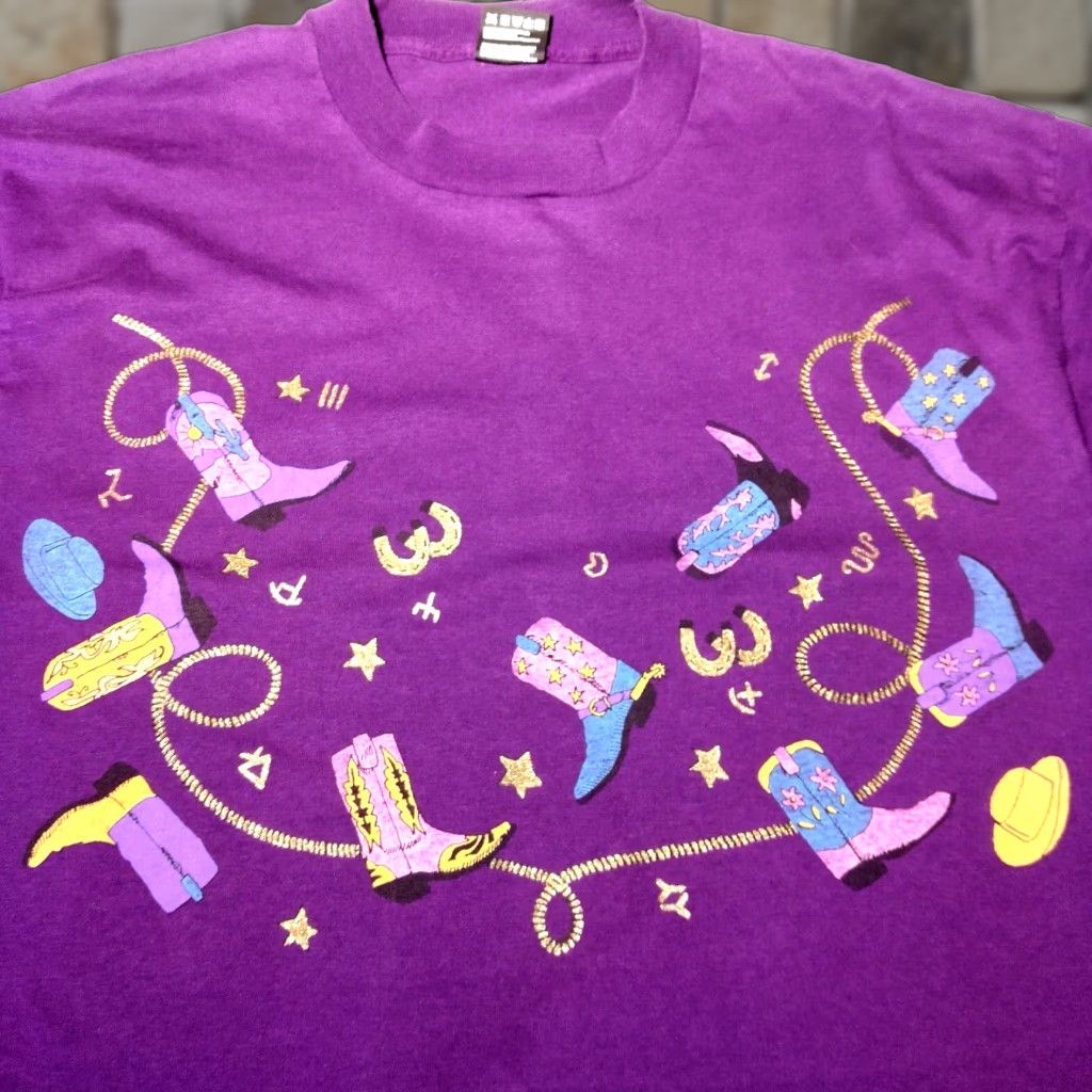 Fruit Of The Loom VINTAGE Fruit of the Loom Best Western T-Shirt Large Purple Glitter Cowgirl Cowboy Single Stitch Size US L / EU 52-54 / 3 - 1 Thumbnail