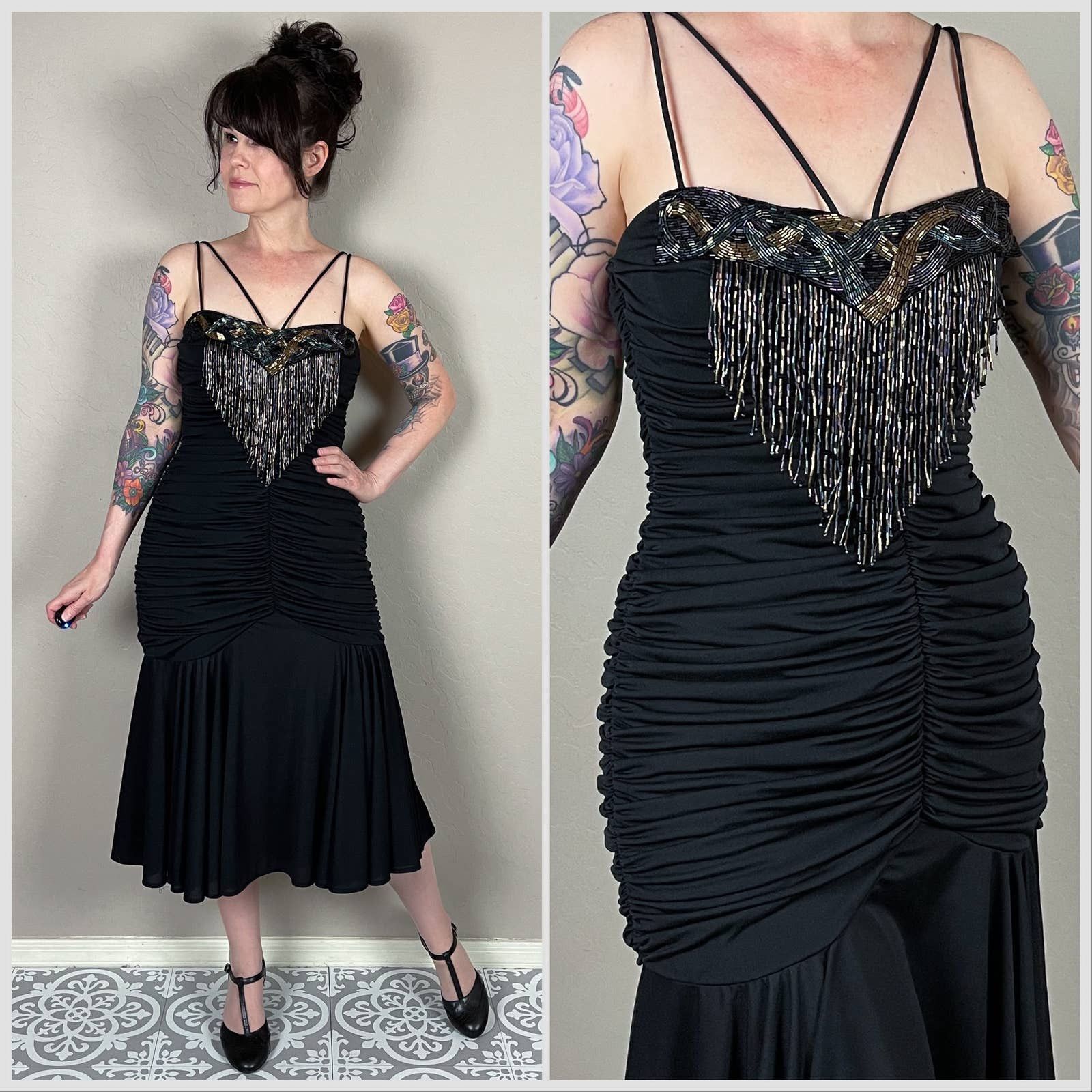 image of Vintage 1970S Black Ruched Beaded Disco Dress, Women's (Size Small)