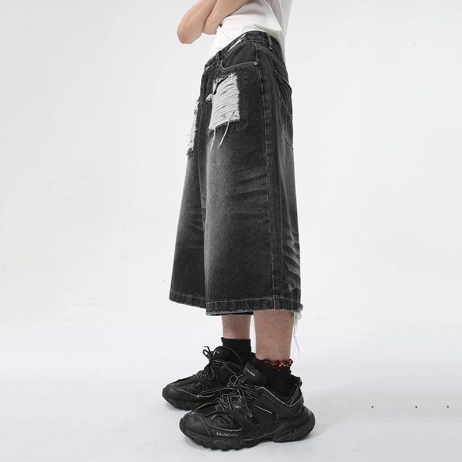 Japanese Brand × Vintage Baggy Denim Ripped Whiskers Thread Jorts Size US 31 - 3 Thumbnail