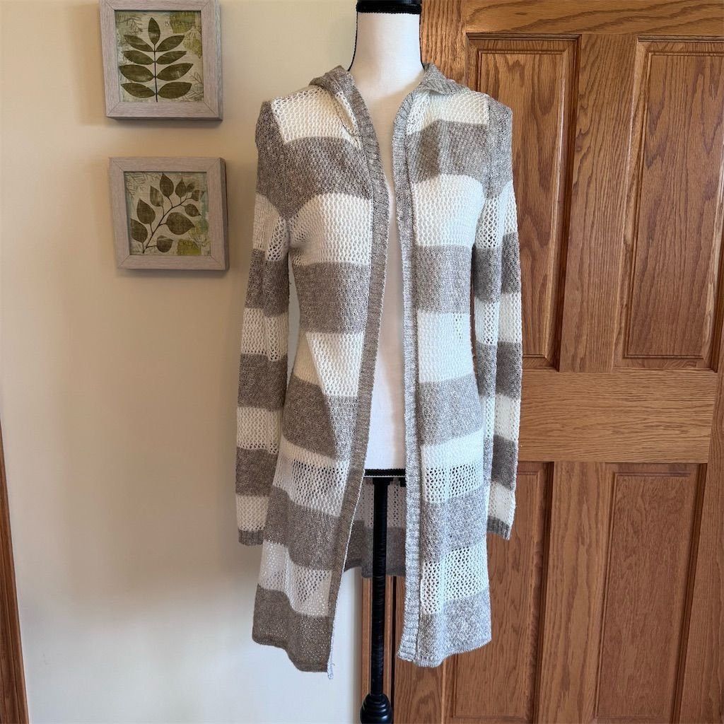 Other AGB Women's Hooded Longline Cardigan Tan Cream Striped Knit Size L / US 10 / IT 46 - 1 Thumbnail