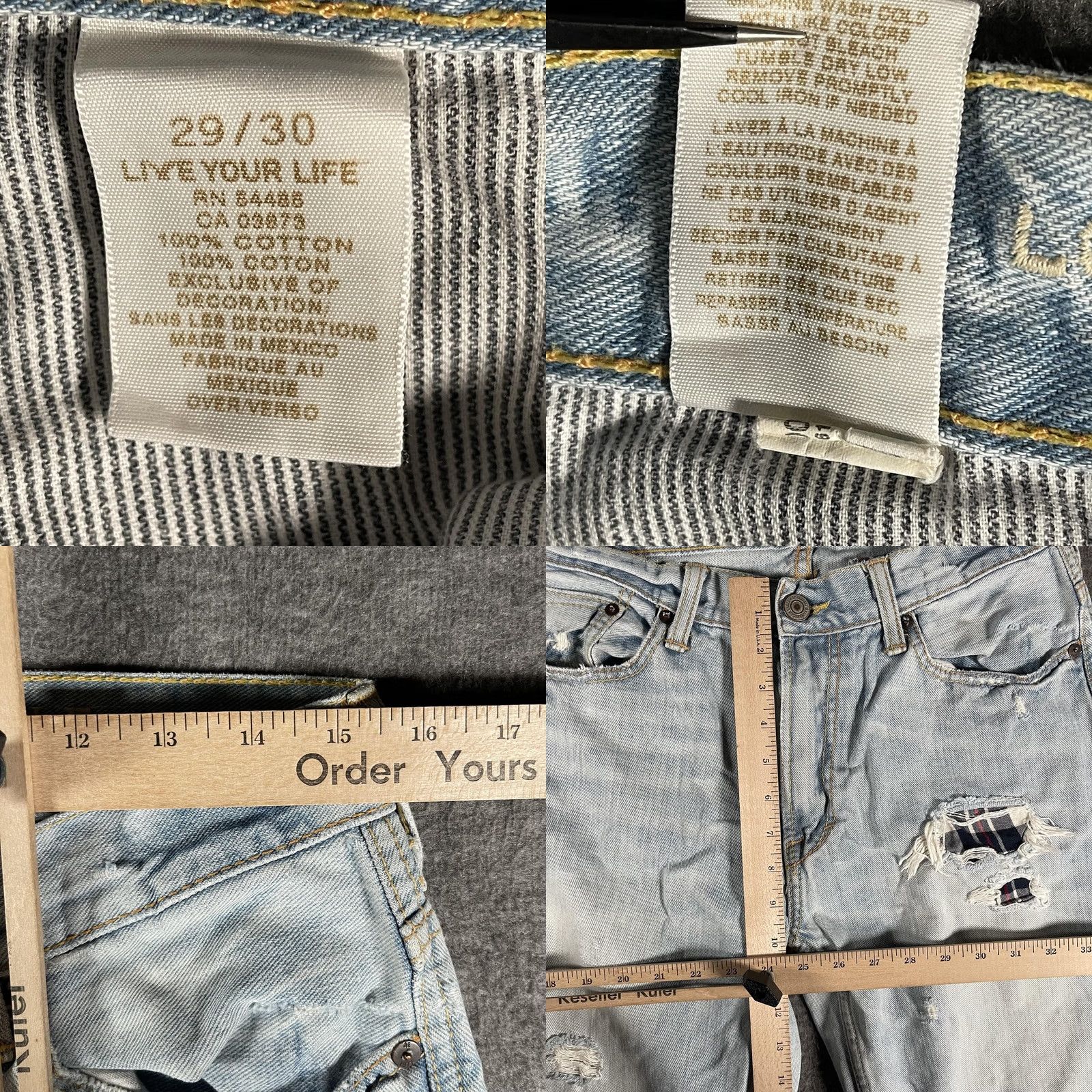 Vintage American Eagle Jeans Mens 29x29 Low Loose Relaxed Straight Distressed Blue Denim Pockets Distressed Plaid Patch Y2K Thrash Live Your Life Mens Jeans Size US 29 - 8 Thumbnail