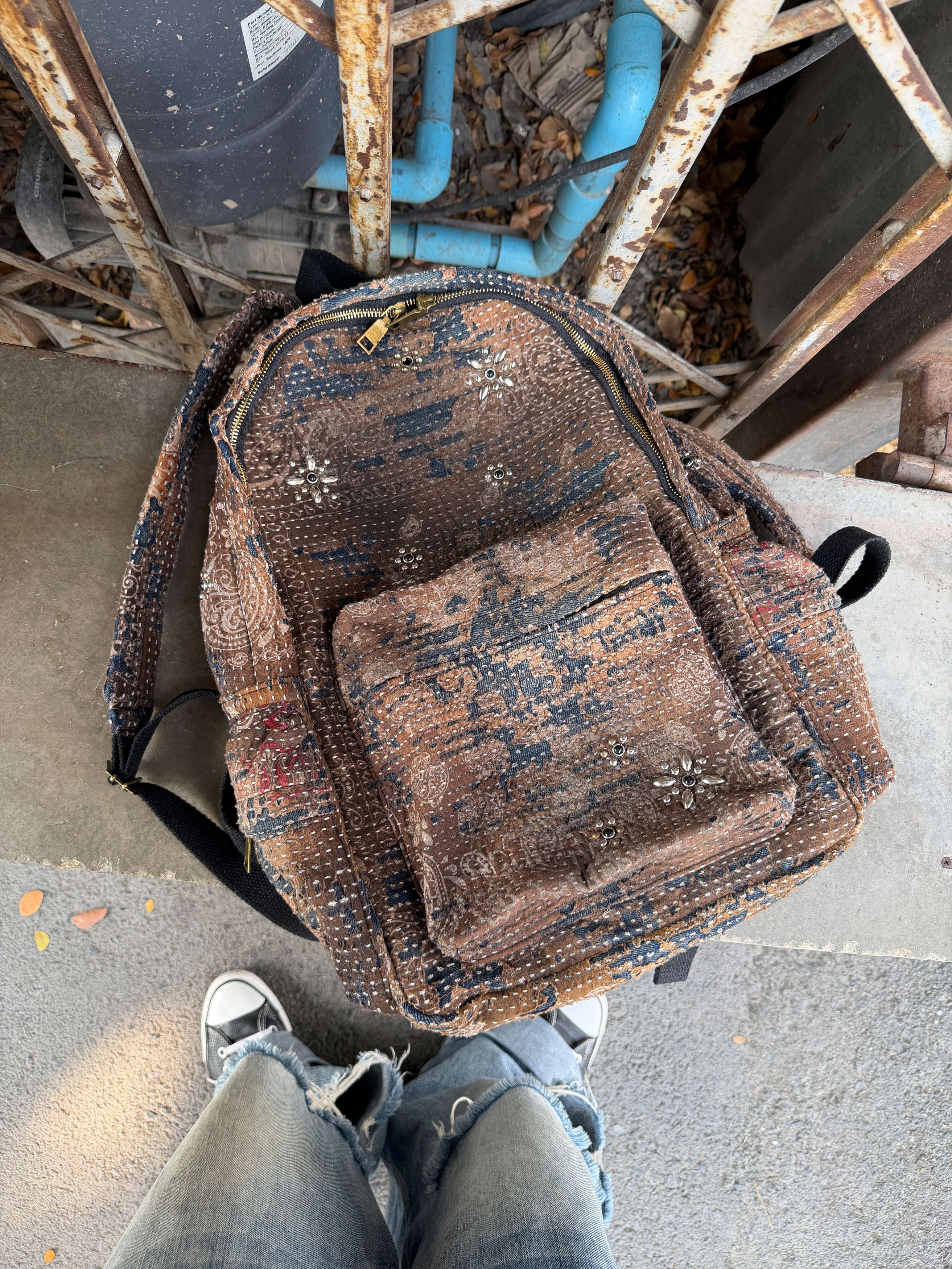 Japanese Brand BORO SASHIKO Studded FLOWER Backpack 🕷️🕸️ Size ONE SIZE - 3 Thumbnail