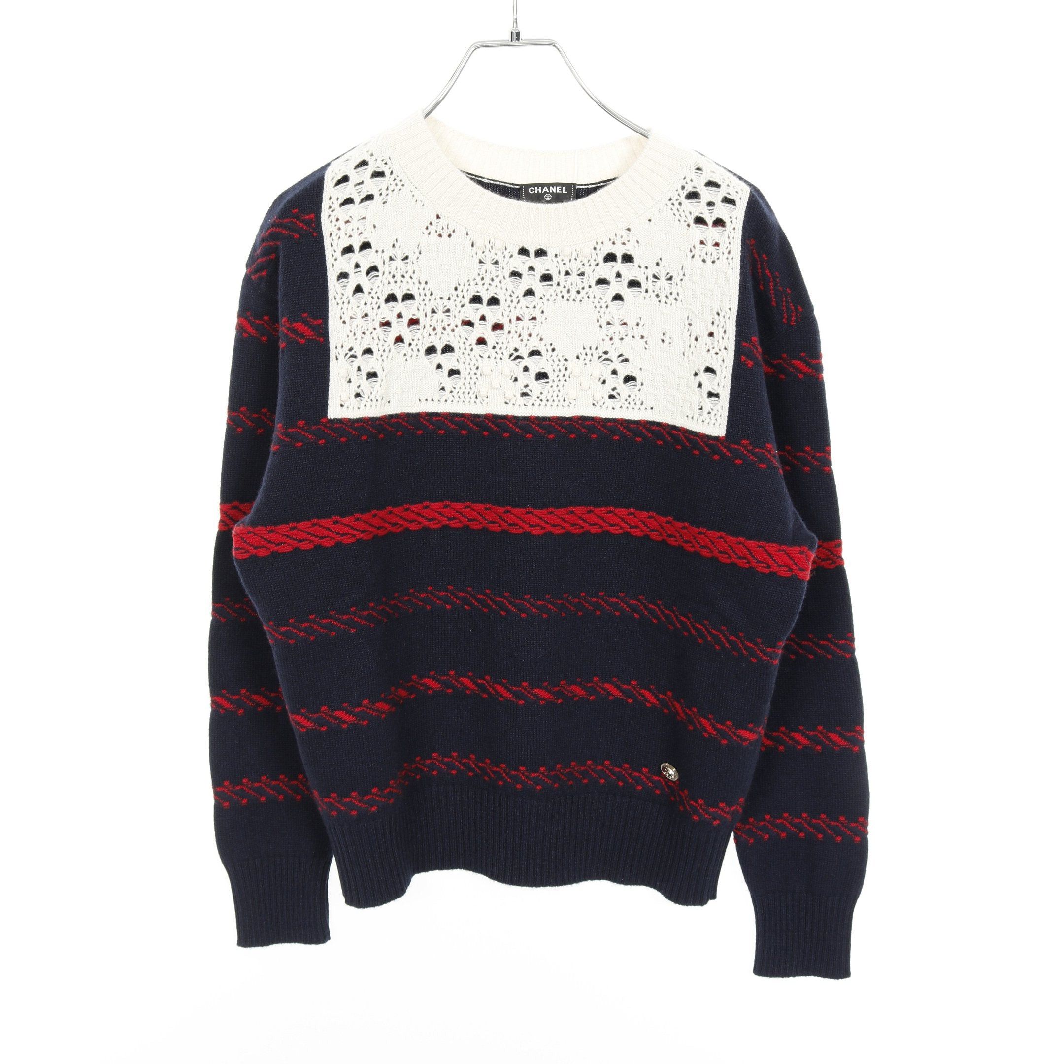 Chanel Chanel Cocomark Button Knit Crew Neck Stripes Cashmere Navy Red Ivory Size ONE SIZE - 1 Thumbnail