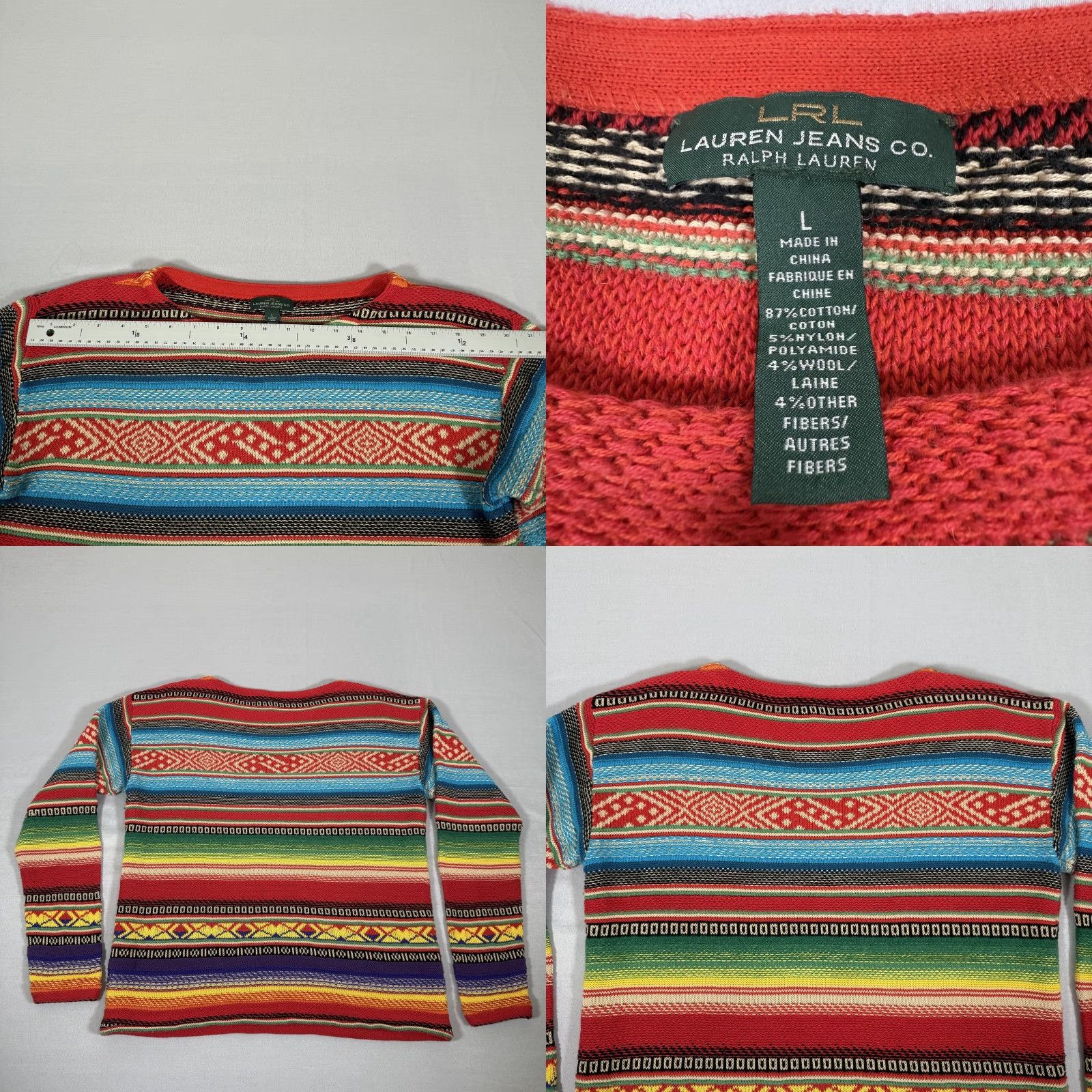 Lauren Ralph Lauren Sweater Womens Large Aztec Western Stripe Knit Pullover Boho