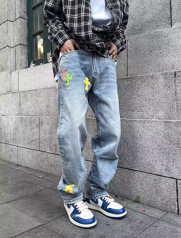 image of Vintage Washed Cross Patch Jeans in Blue, Men's (Size 34)