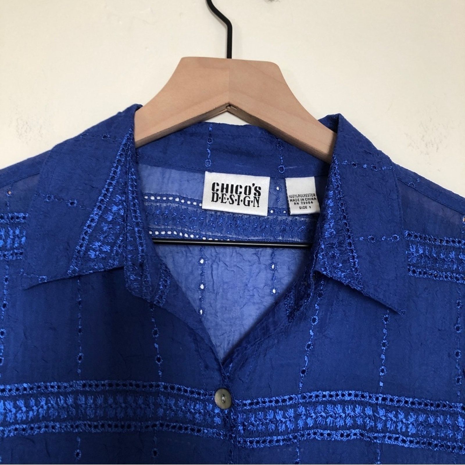 Chicos Chico's Design Royal Blue Embroider Collard Shirt Blouse Top Size M / US 6-8 / IT 42-44 - 8 Thumbnail