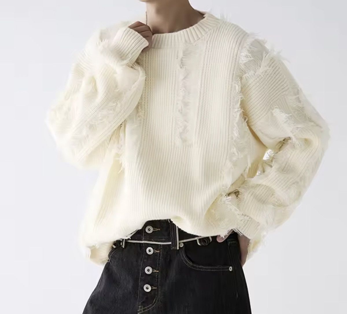 Japanese Brand Cream Ribbed Distressed Knit Sweater Fringed Grunge Jumper Size US XXL / EU 58 / 5 - 3 Thumbnail