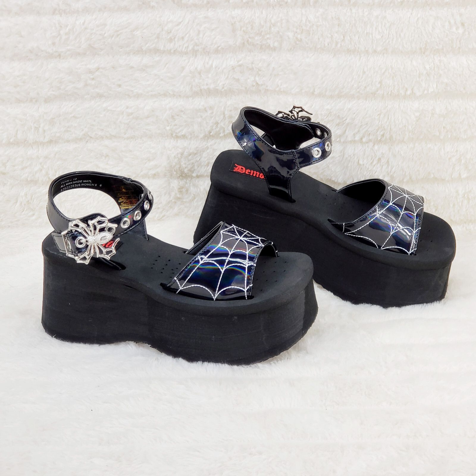 Other Funn Platform Goth Spider Web Sandals Shoes Patent Hologram Size US 6 / IT 36 - 6 Thumbnail