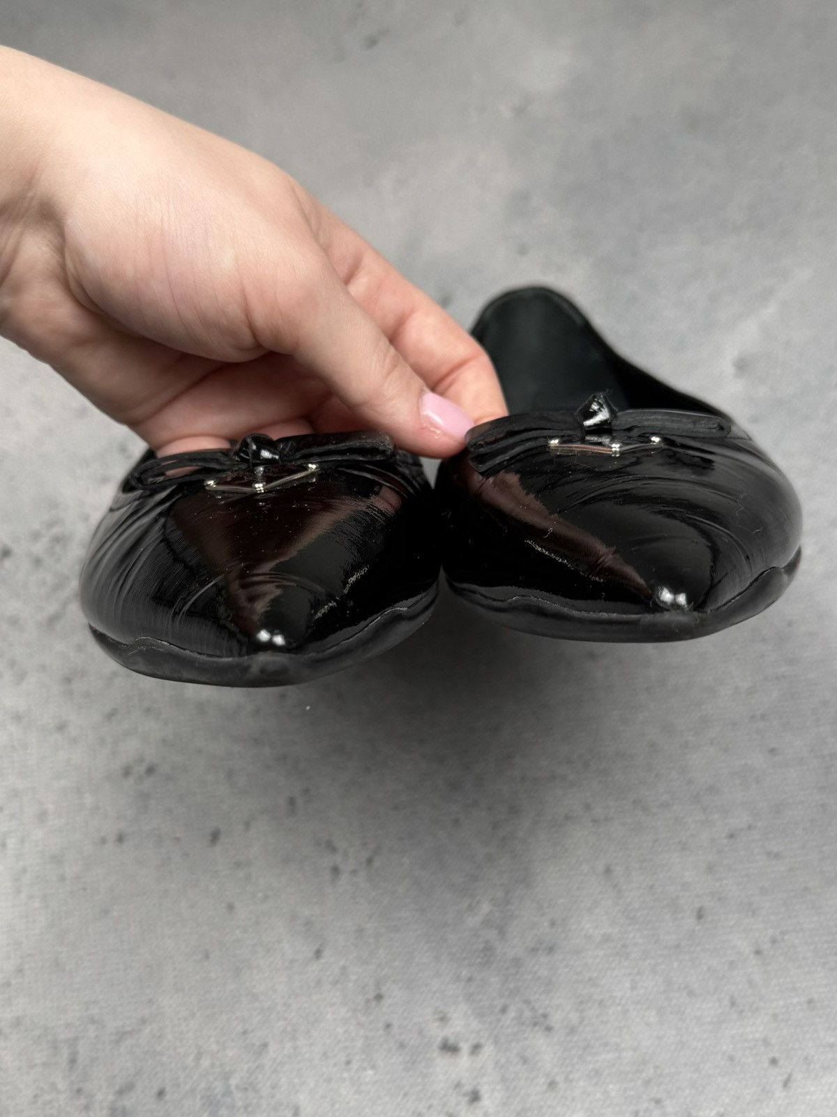 Prada Prada Black Patent Leather Pointed Toe Flats Metal Logo Rare Size US 8.5 / IT 38.5 - 6 Thumbnail