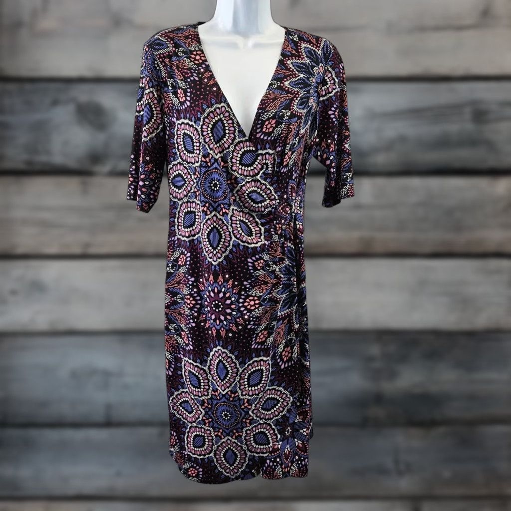 Vintage Connected Apparel Womens Faux Wrap Dress Sz 10P Black Pink Half Sleeves V-Neck Size L / US 10 / IT 46 - 1 Thumbnail