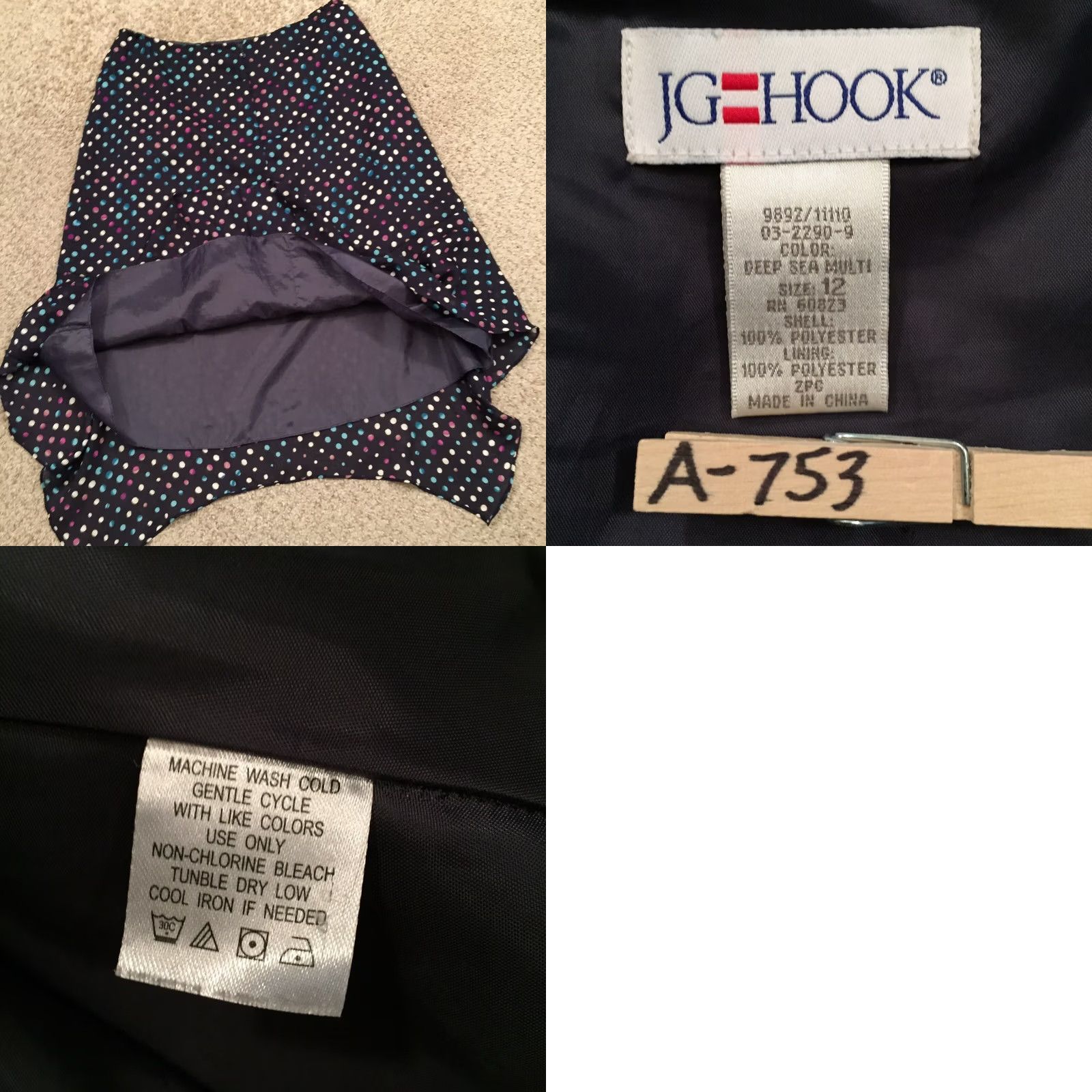 Vintage JG Hook Skirt Midi Polka Dot Blue Lined A-Line Asymmetric 12 Women Regular Polyester XS? Size 34" / US 12 / IT 48 - 8 Thumbnail