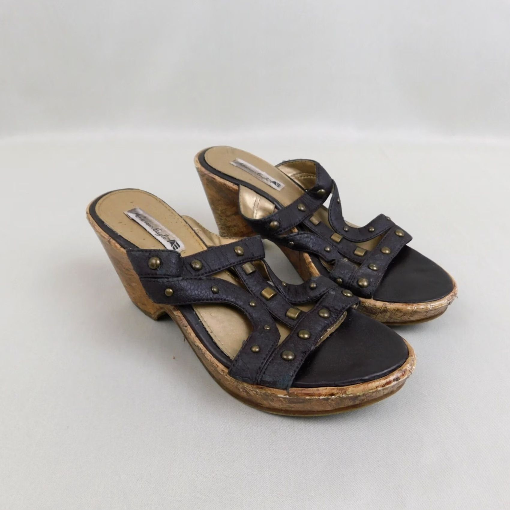 Vintage VINTAGE American Eagle Open-Toe Studded Cork Wedge Platform Sandals 7 Brown Espadrille Womens Size US 7 / IT 37 - 2 Thumbnail