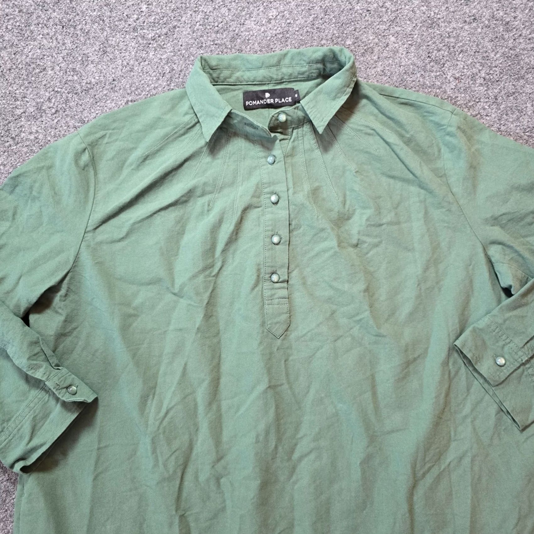 Vintage Pomander Place Dress Shirt Dress Womens Size M Green Polly Boxy Casual Collared Long Sleeve Pockets Knee Length Woven Cotton Size M / US 6-8 / IT 42-44 - 2 Thumbnail