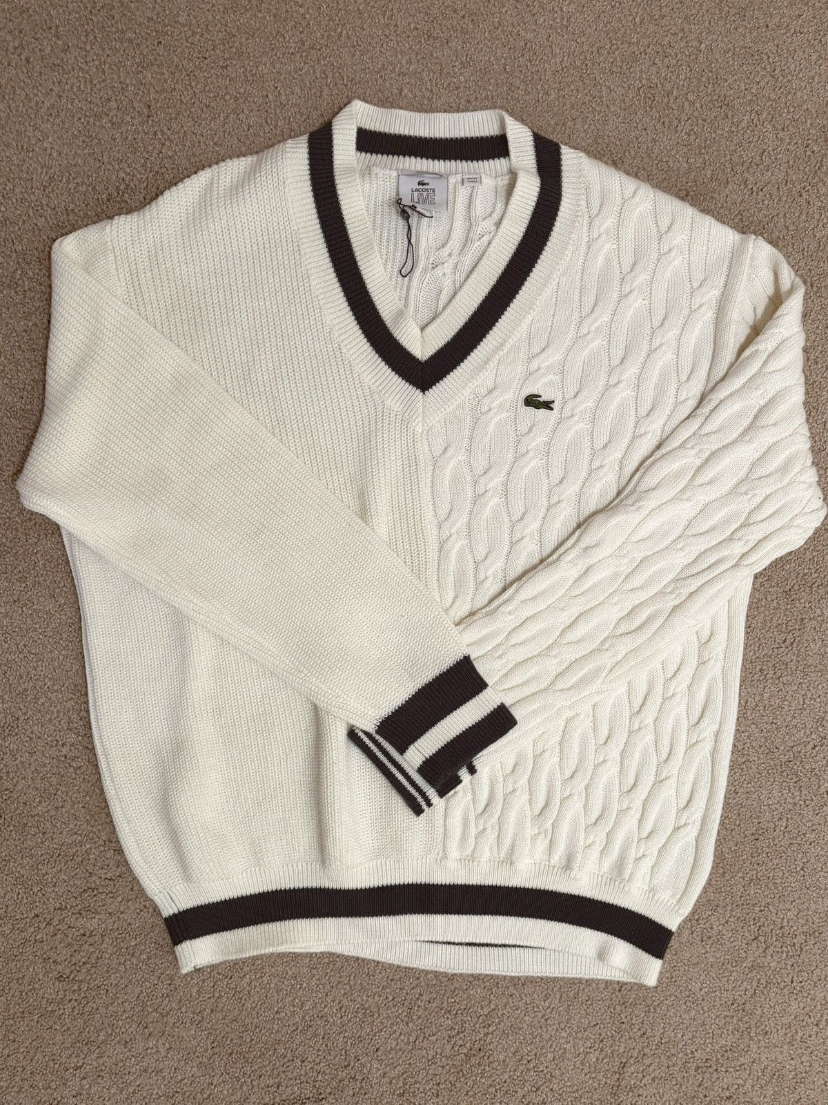 Lacoste Lacoste V-Neck Wool Cable Knit Striped Sweater Size US L / EU 52-54 / 3 - 4 Thumbnail