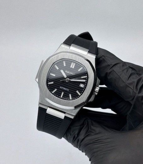 Japanese Brand Seiko Mod Nautilus Black Dial Steel Watch Rubber Strap 41mm Size ONE SIZE - 1 Thumbnail