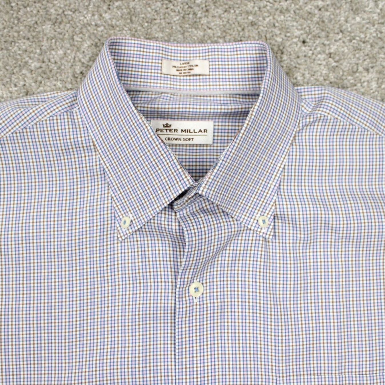 Peter Millar Peter Millar Crown Soft Shirt Adult Large Check Blue/Pink/Tan Cotton/Silk Blend L/S Button-Up Mens Regular Subtle Colorful Pattern Size US L / EU 52-54 / 3 - 5 Thumbnail
