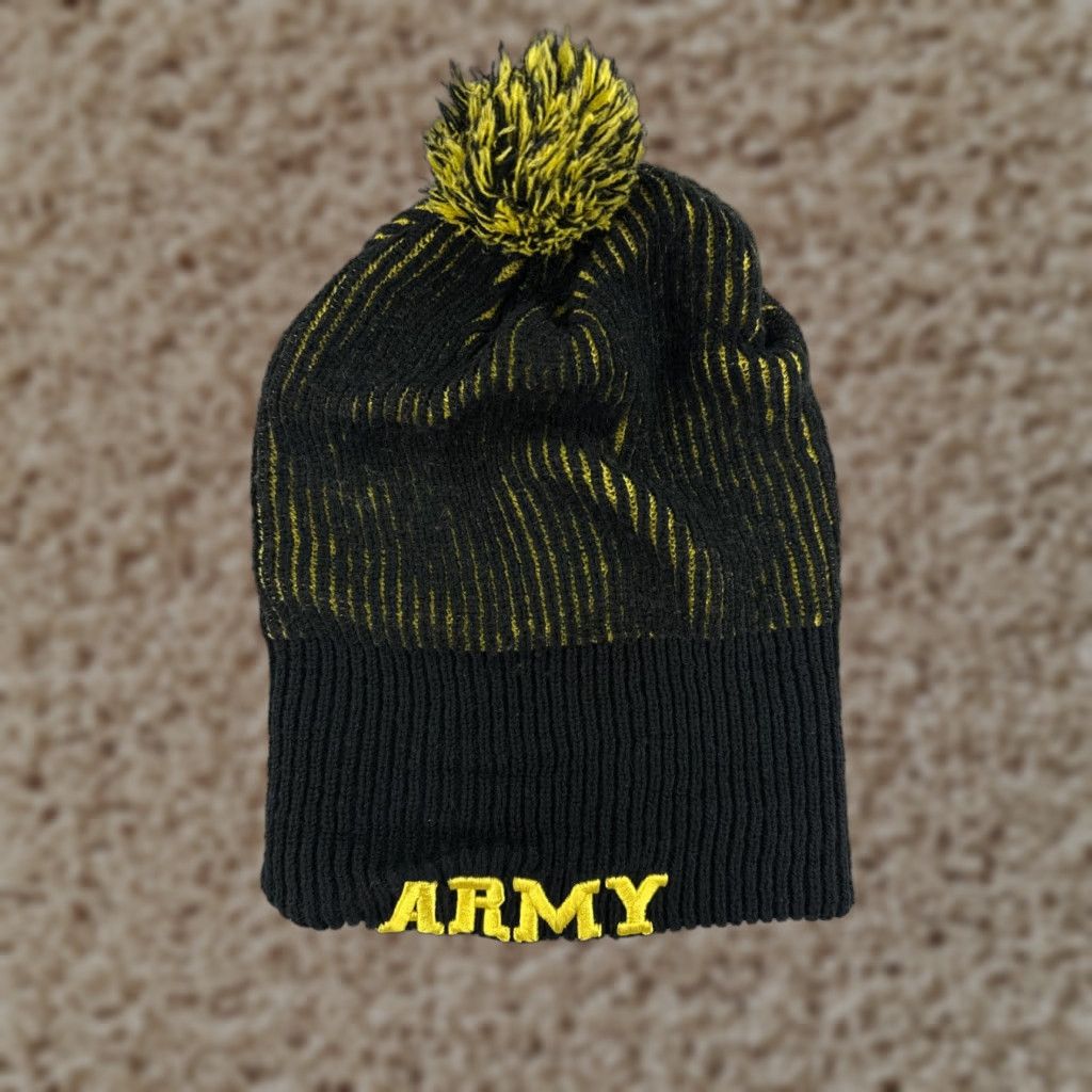 Vintage VINTAGE Army Beanie Toque Knit Hat Adult One Size Black Yellow 100% Acrylic Ski Snow Striped Logo Mens Size ONE SIZE - 1 Thumbnail