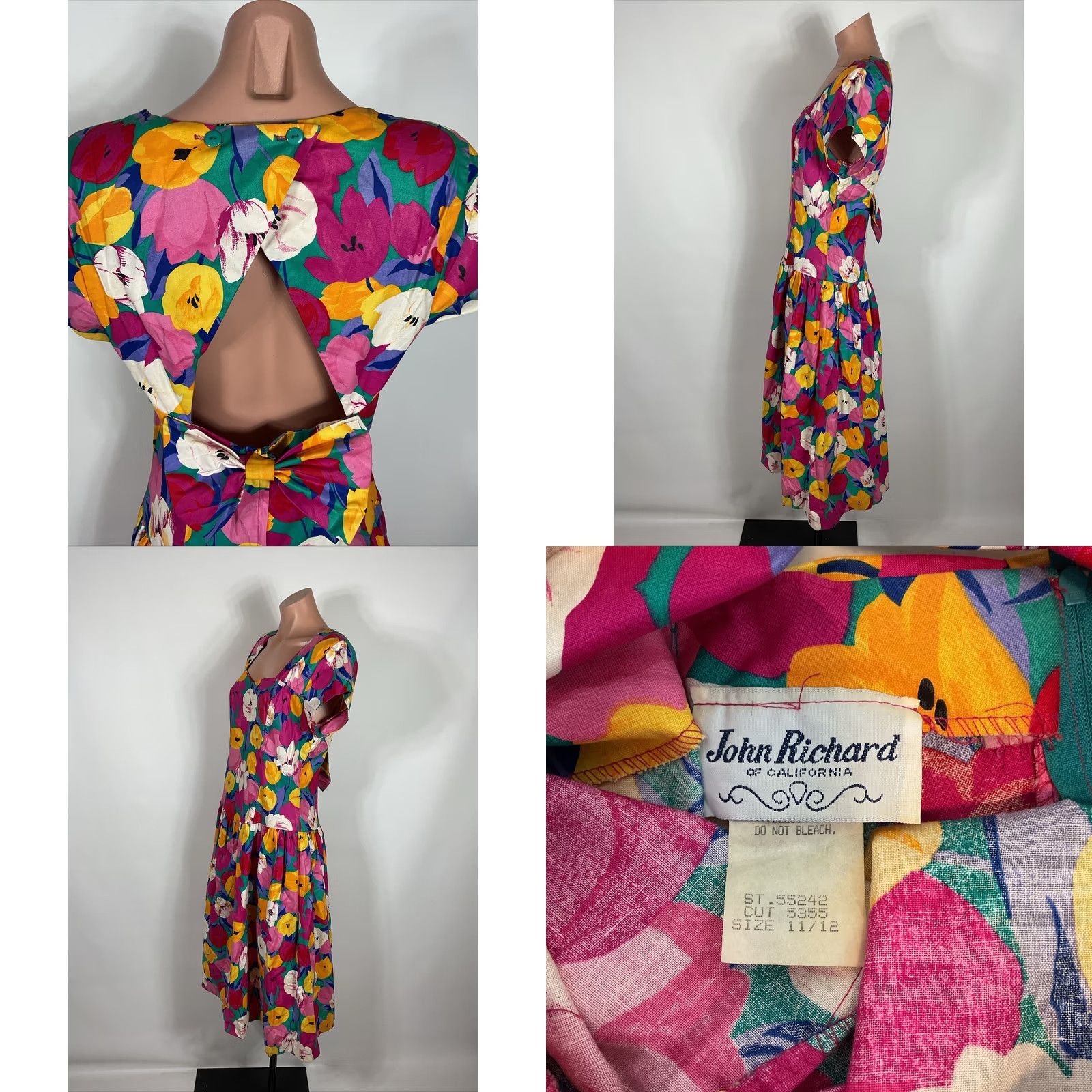 Vintage VINTAGE John Richard Sundress Shirt Dress 80s Floral Red 12 Women/Adult Mod Disco Bow Keyhole Back Occassion Day Dress Size XL / US 12-14 / IT 48-50 - 8 Thumbnail