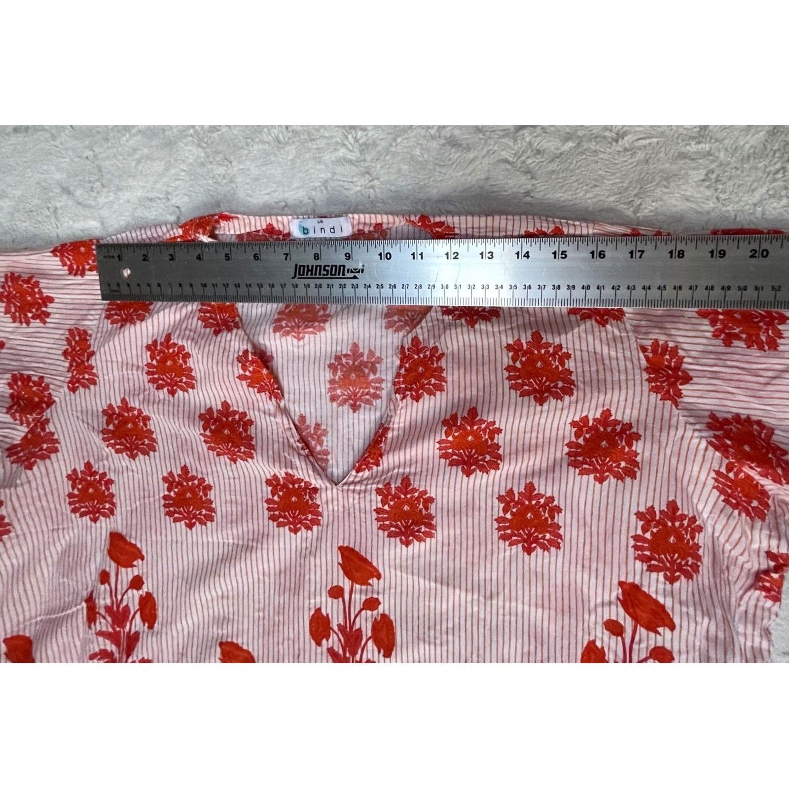 Vintage Bindu Bindi Womens Split Neck 3/4 Sleeve Striped Floral Oversized Shirt White Red Large Size L / US 10 / IT 46 - 7 Thumbnail