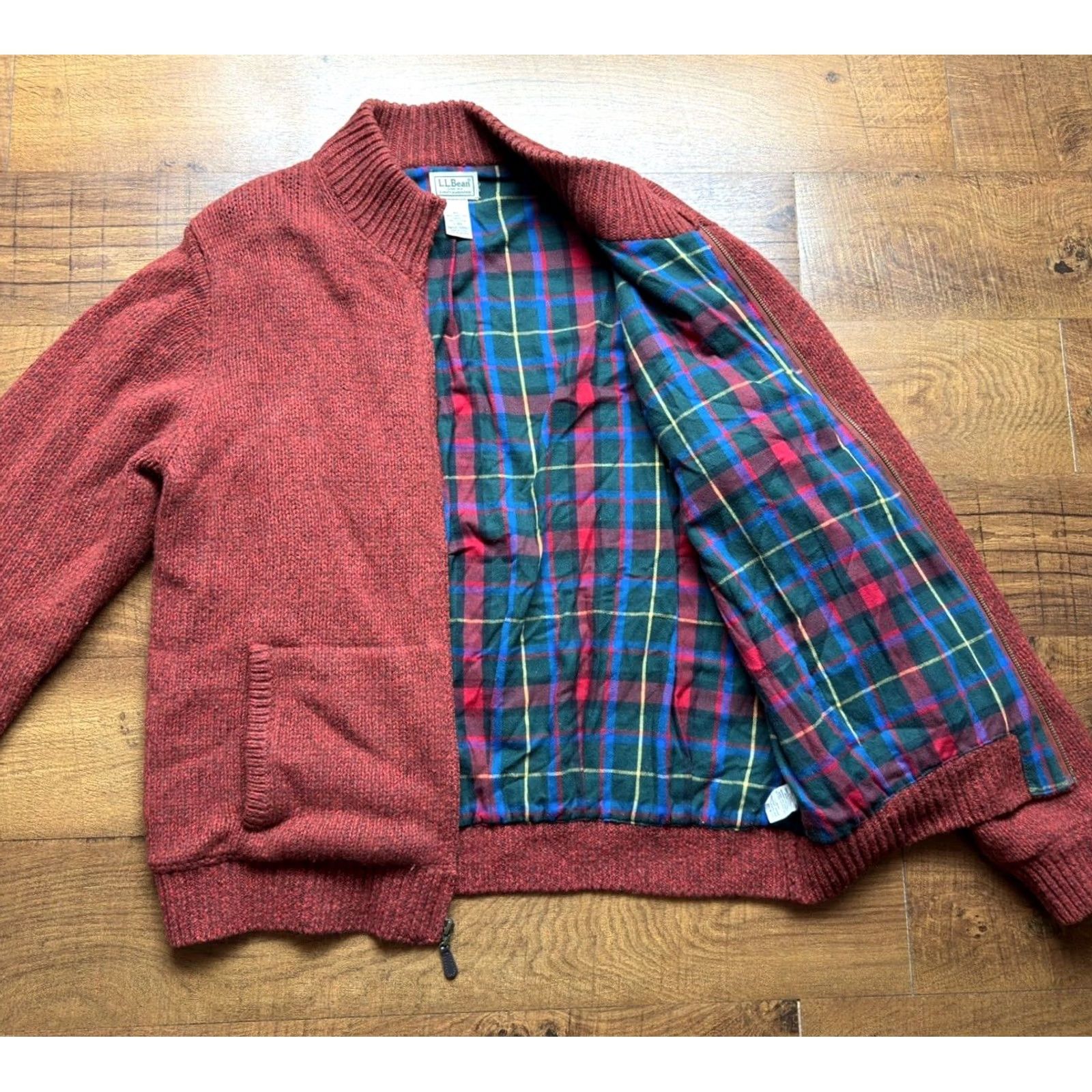 Vintage L.L. Bean Sweater Mens Large Wool Red Full Zip Mock Neck Lined Classic Ragg Knit | Zip Pockets | Regular Fit, Casual Mens Christmas 90s? Size US L / EU 52-54 / 3 - 4 Thumbnail