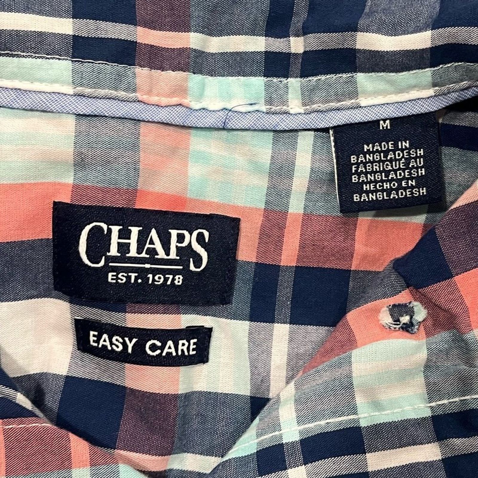 Chaps Chaps Easy Care Blue Pink Plaid Short Sleeve Button Up Sz M Size US M / EU 48-50 / 2 - 2 Thumbnail