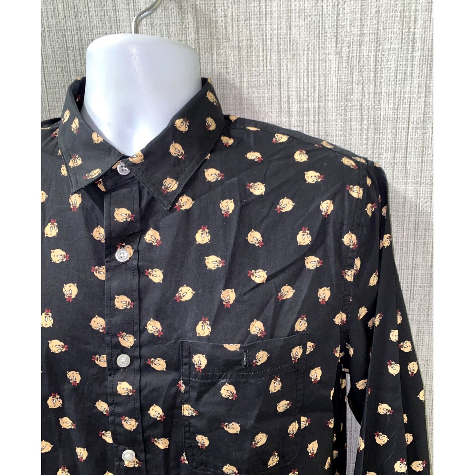Vintage Warner Bros Porky Pig Long Sleeve Button Front Shirt M Black Cotton Button-Up Men Regular Size US M / EU 48-50 / 2 - 2 Thumbnail