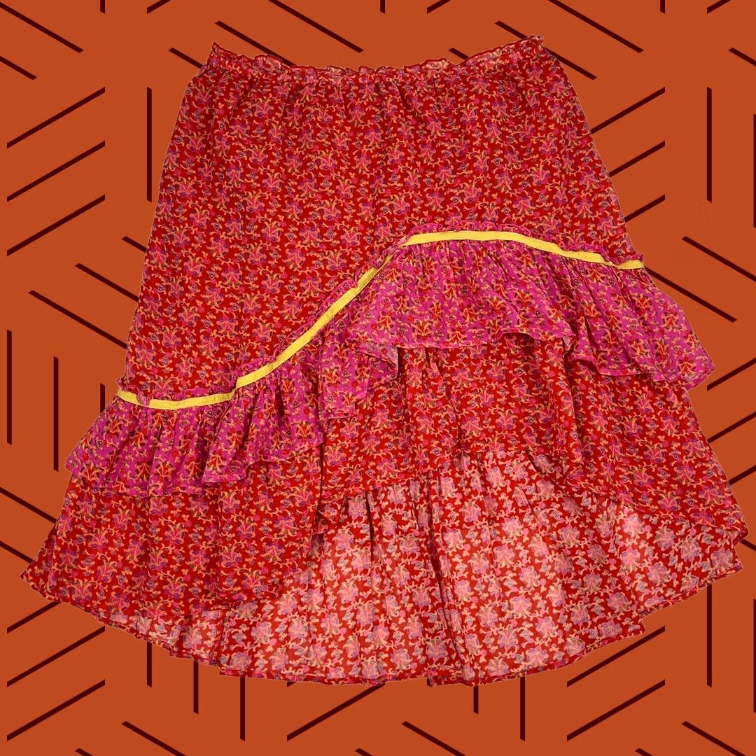 Vintage Sundance Nami Midi Skirt Womens PXL Floral Tiered Asymmetric Ruffle Elastic Boho Size 40" / US 18 - 1 Thumbnail