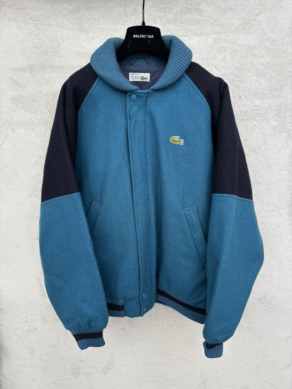 Lacoste 80s Lacoste Ribbed Shawl Collar Wool Bomber Jacket Size US L / EU 52-54 / 3 - 1 Thumbnail