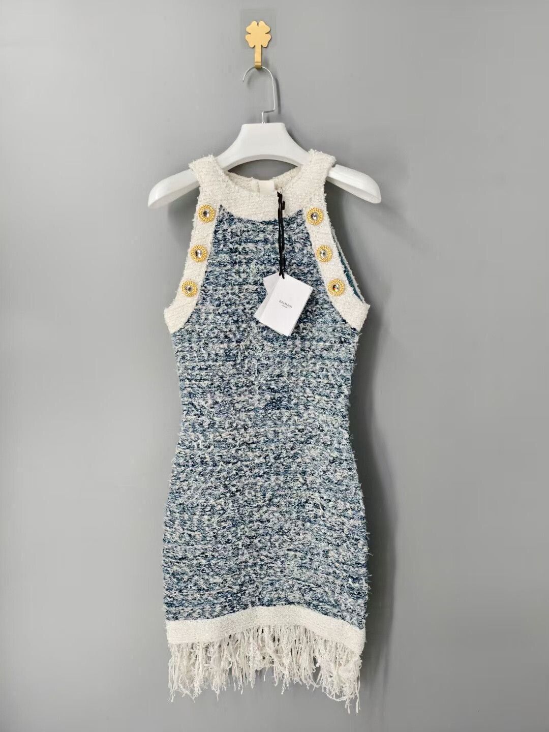 Balmain fringed denim tweed dress with buttons Size US 36 / EU 52 - 1 Thumbnail